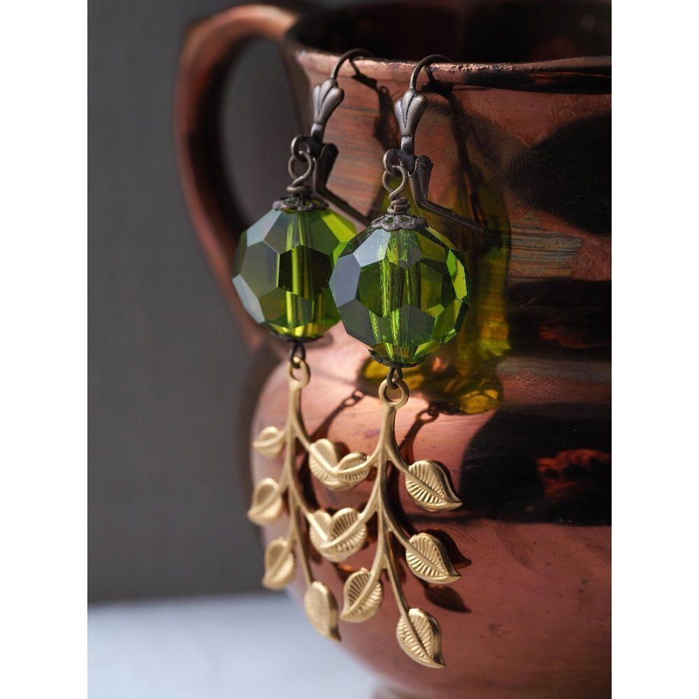 Vintage Green Bead & Gold Leaves Earrings
